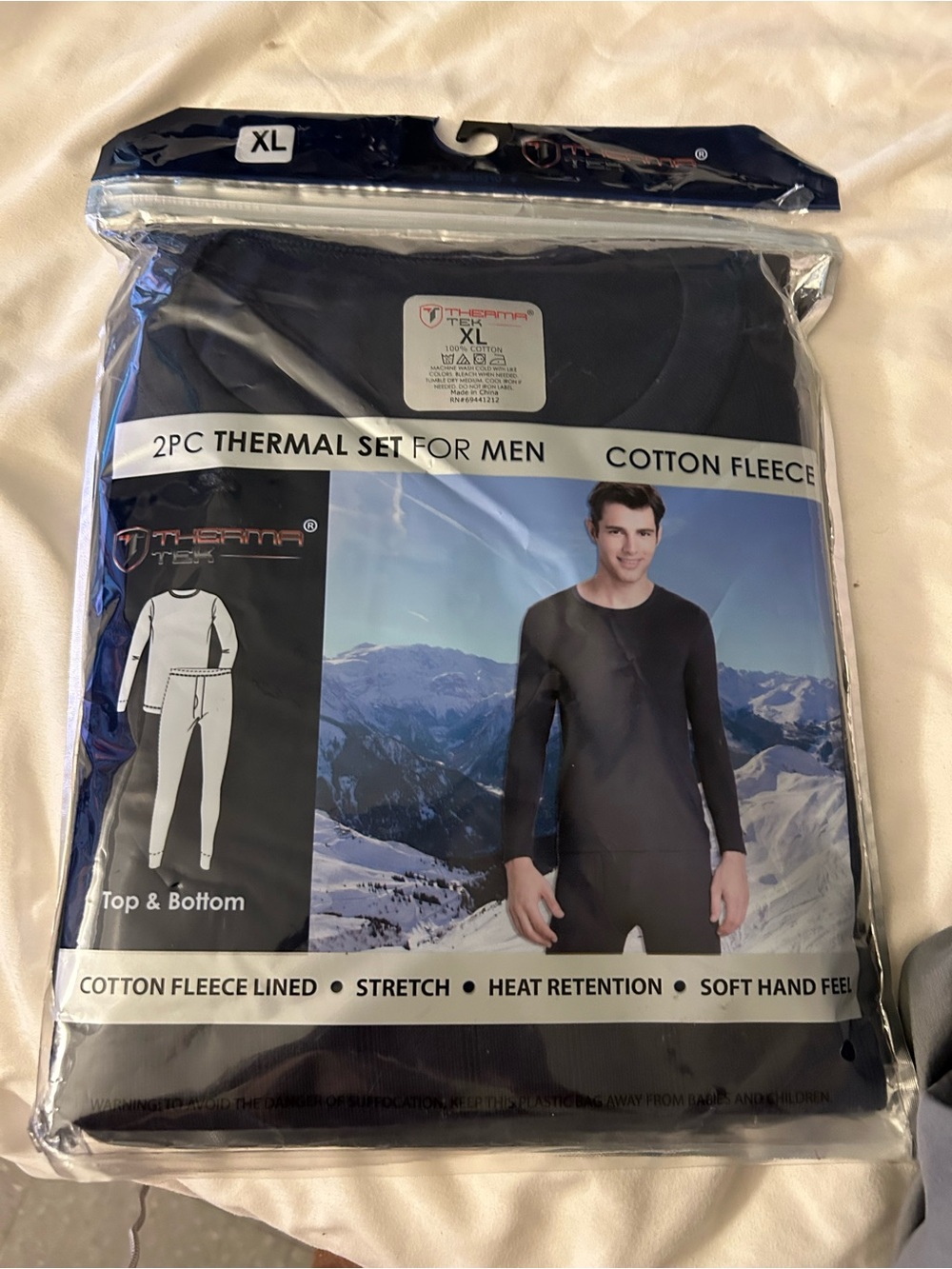 Men’s Cotton Fleece Thermal Set - Black (2-Piece, XL)